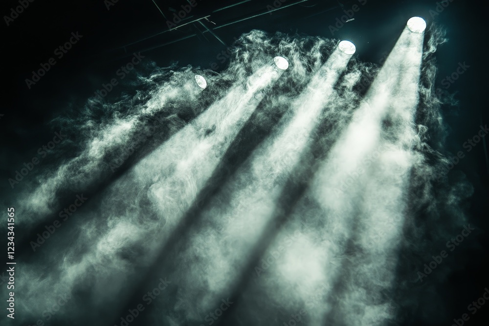 Poster light beams pierce through smoke creating a dramatic atmosphere in a performance space