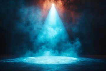 Bright spotlight illuminating a smoky stage creating a dynamic atmosphere for a performance