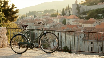 Fototapeta premium Vintage Bicycle in a Picturesque European Cityscape at Sunset