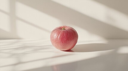 Red Apple on Clean Surface Casting Shadows in Natural Light with Minimalist Aesthetic Background