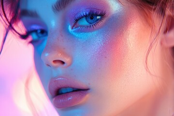 Close-up portrait of a woman with vibrant, iridescent makeup, glowing skin, and blue eyes.