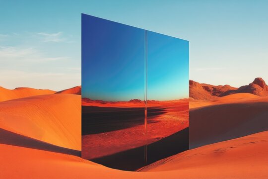 A surreal desert landscape featuring a tall, reflective monolith reflecting the surrounding sand dunes and sky.