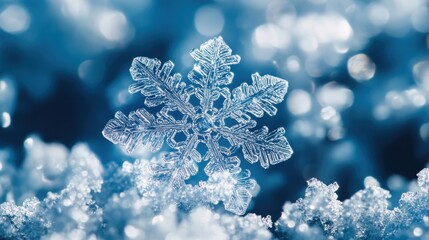 A single intricate snowflake rests on a bed of snow