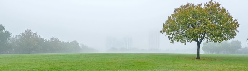 Misty morning scene with lush green tree in foggy park nature photography tranquil atmosphere