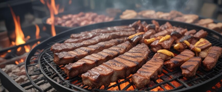 Sizzling charcoal grill with ribs, chorizo, and chinchulines sizzling in the background, grill, charcoal, hot