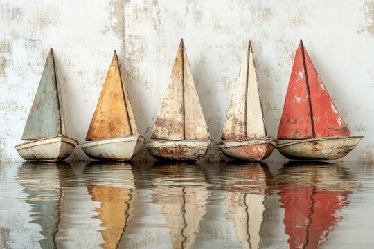 Five weathered wooden sailboats sit in calm water, reflecting their aged beauty against a textured wall.