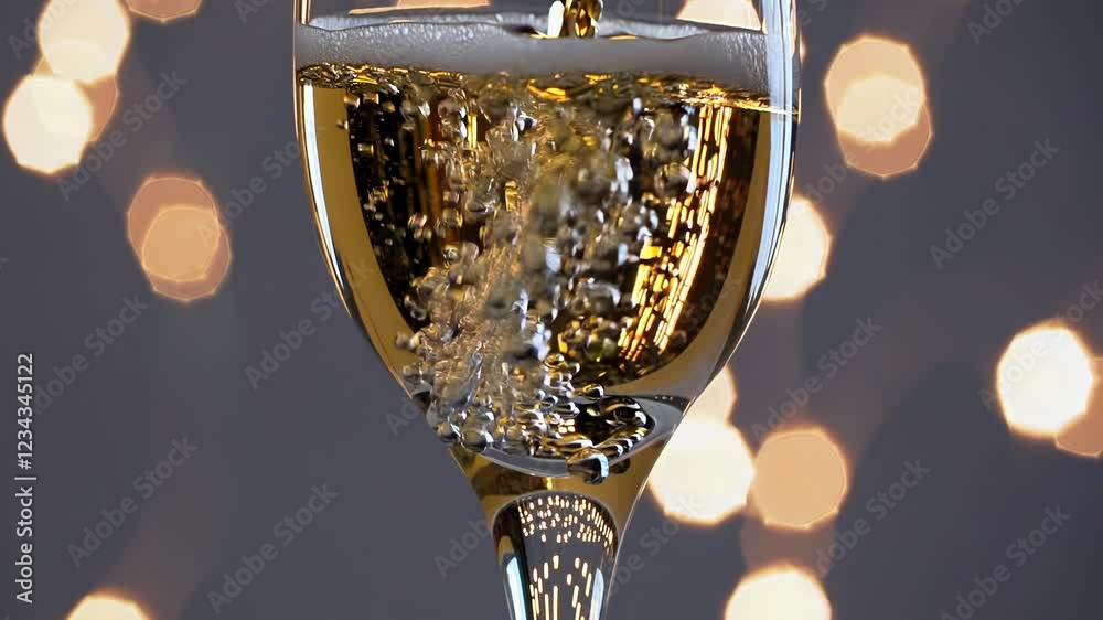 Poster An elegant pour of bubbly golden fizz into a flute, with shimmering bokeh lights behind to enhance the festive atmosphere.