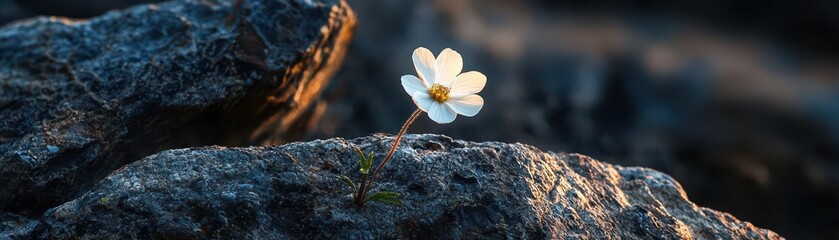 Blooming flower on rocky surface nature scene close-up view soft light natural beauty