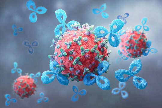 Antibodies attack a cancer cell or Virus, 3d illustration.