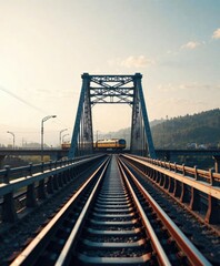 Fototapeta premium Railway bridge with a train crossing over and into the distance, long railway track, railway bridge, flying rails