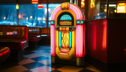 Vintage jukebox in a retro diner, glowing with colorful lights
