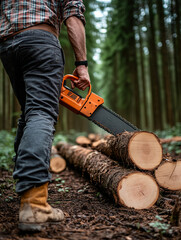 Man cutting logs in a lush forest with a chainsaw