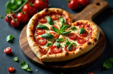 Delicious heart-shaped pizza with herbs, tomatoes and cheese on a dark background. Fast food, restaurant menus, food, valentine's day, restaurant, cafe, business, delivery, pastry, pizzeria, services