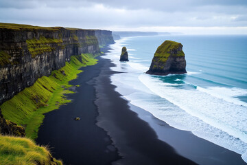 Reynisfjara beach in Iceland with cliffs, sand and basalt sea stacks