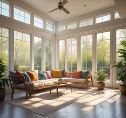Fototapeta premium Softly filtered natural light pours through the sunroom's large windows, natural ambiance, botanical decor , serene atmosphere