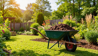 Wheelbarrow filled with soil in a sunny garden