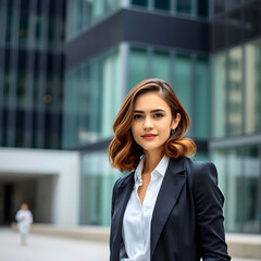 A stylish young woman in her late 20s, with shoulder-length wavy brown hair, wearing a tailored blazer and smart casual attire.