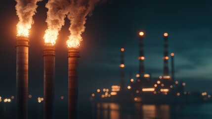 Obraz premium Industrial Facility with Large Chimneys Emitting Smoke in a Night Scene
