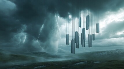 Fototapeta premium Stormy landscape, metallic objects hanging, ominous clouds, digital art, fantasy