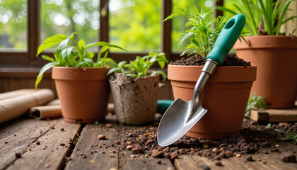 Gardening tools with potted plants in a light-filled room