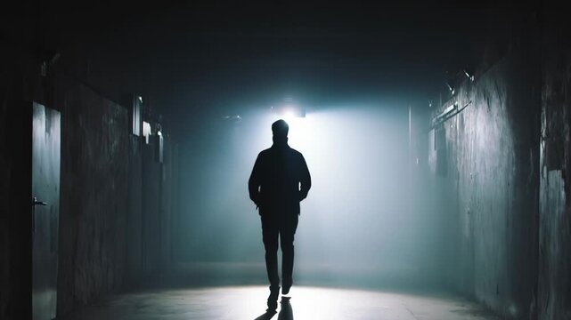 Silhouette of man walking in dark corridor