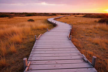 Fototapeta premium serene natural landscape at sunset wooden boardwalk grasses