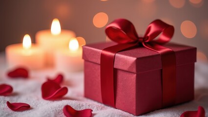 Obraz premium Romantic Red Gift Box with Candles and Rose Petals: Perfect Valentine's Day or Anniversary Gift Idea