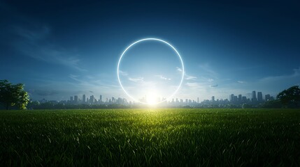Glowing Circle over Green Field and Cityscape