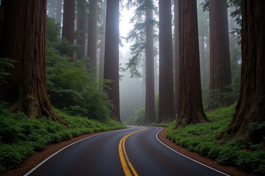 serene misty scene winding road redwood trees forest floor - Powered by Adobe