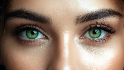 Obraz premium A close-up image showcasing the beautiful green eyes of a woman with natural makeup. Ideal for beauty, skincare, or eye care concepts,