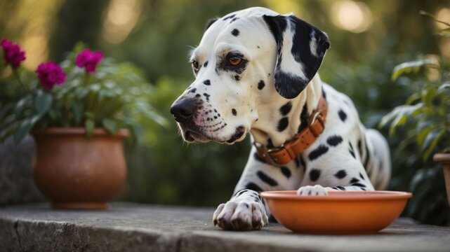 A Dalmatian dog rests peacefully outdoors near potted plants, gazing thoughtfully.  A food bowl sits nearby.