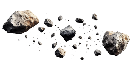 Flying asteroids on white and transparent background