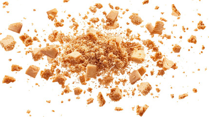 Pile cake crumbs, cookie pieces flying isolated on white and transparent background