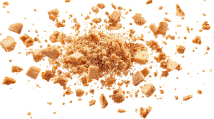 Pile cake crumbs, cookie pieces flying isolated on white and transparent background