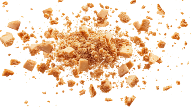 Pile cake crumbs, cookie pieces flying isolated on white and transparent background