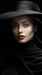 A Beautiful Young Women Face With Black Hat Portrait Dark Background