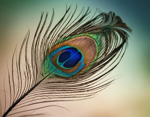 Obraz premium A single peacock feather, isolated against a softly blurred background