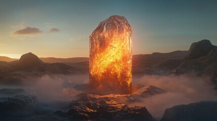 Fiery Crystal Monolith: A Dramatic, Sunset Landscape