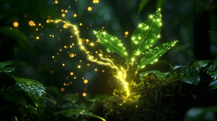 Glowing Green Plant in Dark Forest