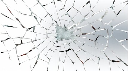 Broken Glass on White Background with Shattered Fragments Radiating from the Center Capturing a Fragile and Delicate Texture of Transparency and Light
