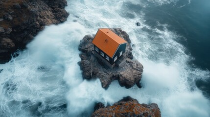 A fishing village on a rocky island surrounded by rough seas.