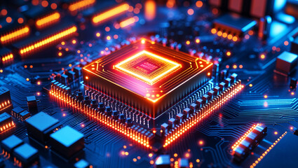 Fototapeta premium High-tech glowing processor chip integrated on a modern circuit board