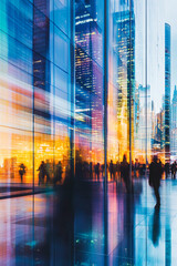 Abstract view of a modern city with reflections in glass buildings, showcasing the busy urban life and the dynamic energy of the city, symbolizing movement and business.