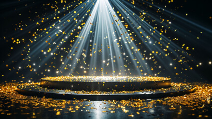 Stunning spotlight effect with golden sparkling particles highlighting a magical centerpiece