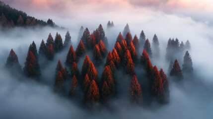 A misty pine forest in the early morning light