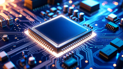 Dynamic glowing processor chip integrated on a futuristic circuit board showcasing technology