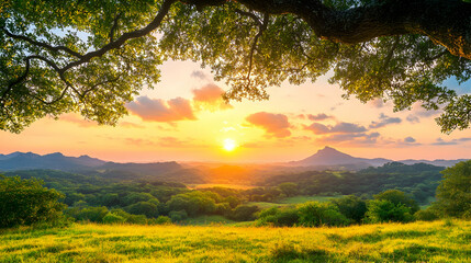 Obraz premium Sunset over hills, tree branches frame, peaceful landscape