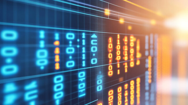 Digital binary code on glowing screen