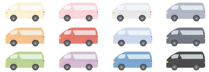 車　横向きのシンプルなワンボックスカー各色セット＿12色12台
