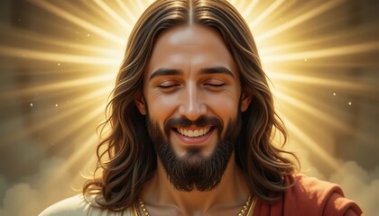 A digitally enhanced portrait of Jesus Christ, eyes closed, radiant light behind him, showcasing a serene and joyful expression.